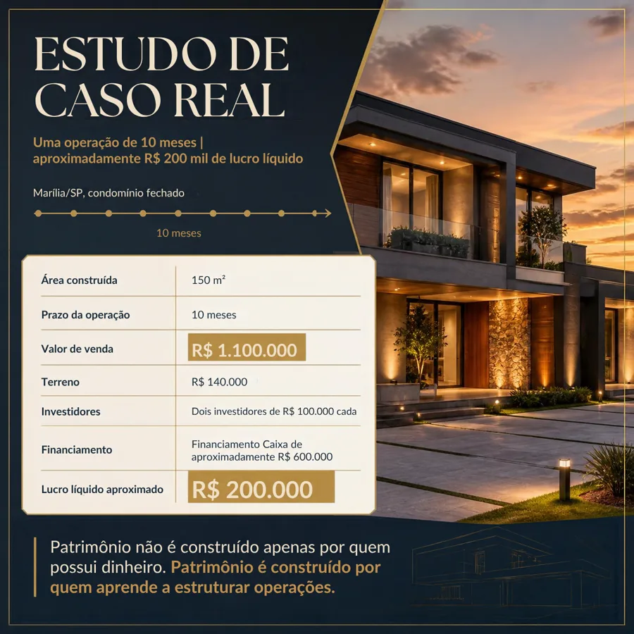 Resumo visual do estudo de caso de uma casa construída e vendida em Marília